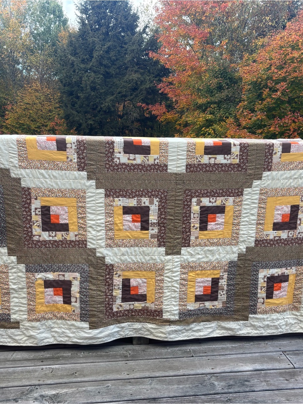 Handmade Log Cabin Quilt in Brown, Cream & Yellow